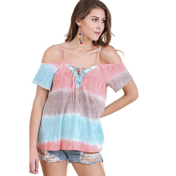 Umgee Lace Up Cold Shoulder Color Block Top, Mint Mix - Picture 1 of 3
